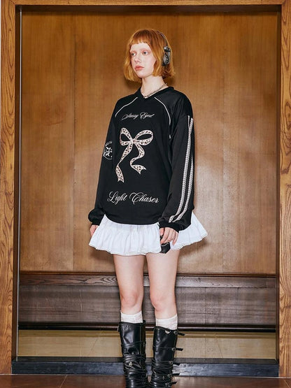 V Neck Bow Leopard Patchwork Lace Print Long Sleeve Jersey