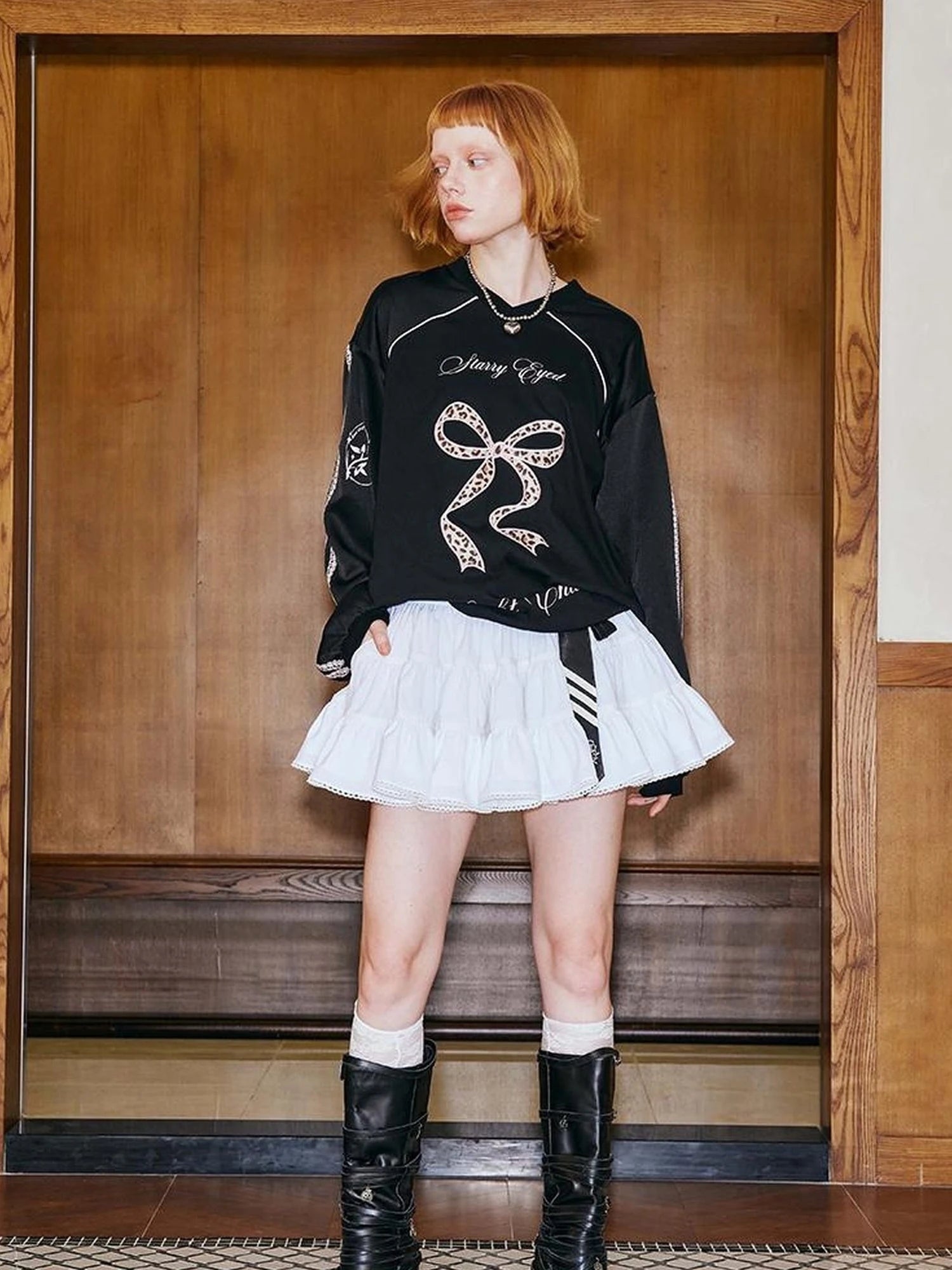 V Neck Bow Leopard Patchwork Lace Print Long Sleeve Jersey