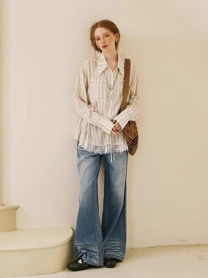DIDDI MODA V Neck Embroidered Denim Shirt Jeans Set