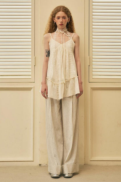 DIDDI MODA V Neck Jacquard Lace Trim Summer Tank Top
