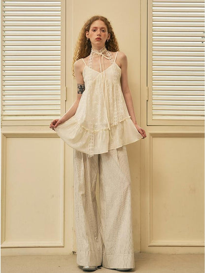 DIDDI MODA V Neck Jacquard Lace Trim Summer Tank Top