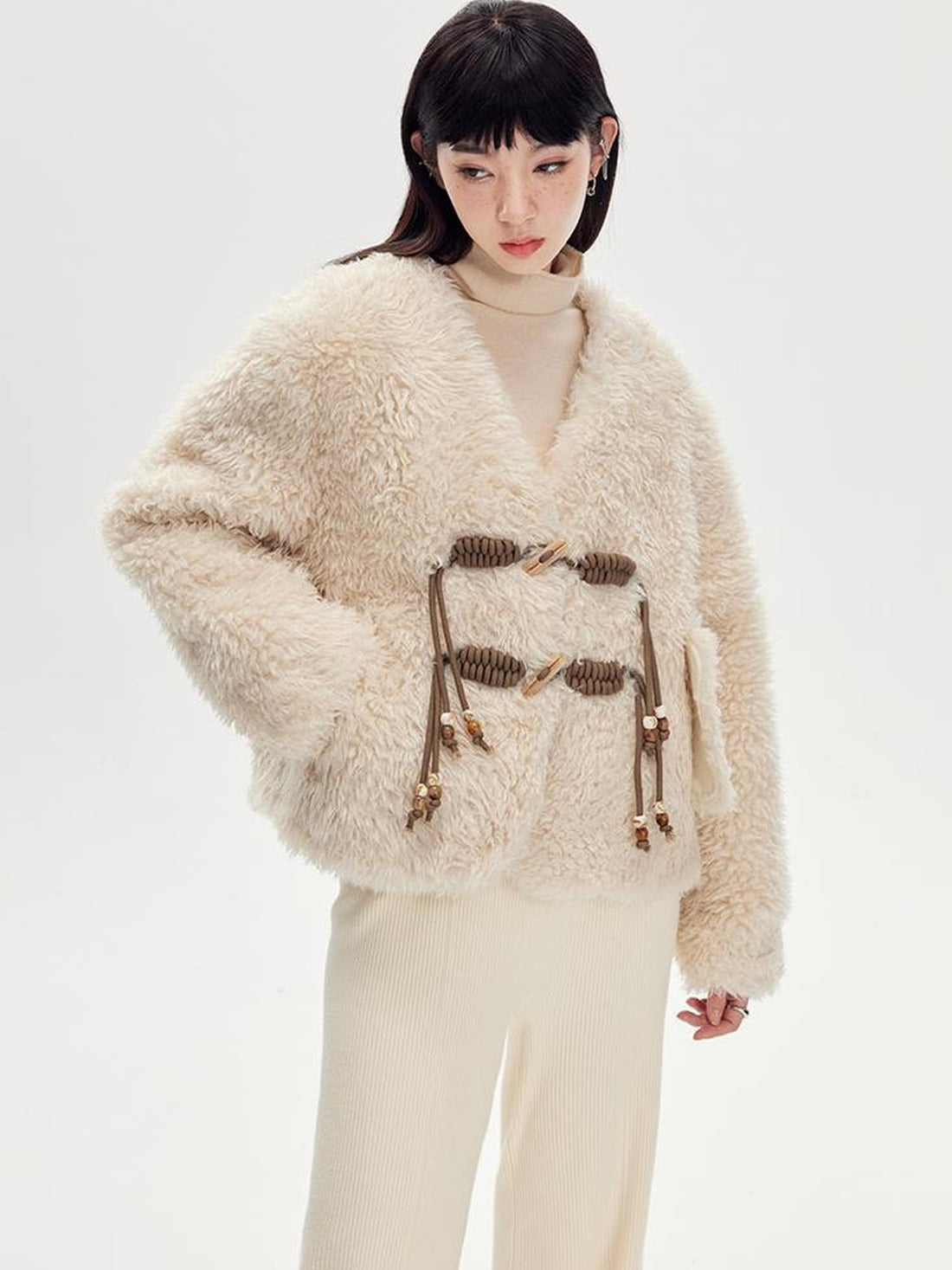 DIDDI MODA V Neck Raglan Sleeve Cute Buckle Wool Coat