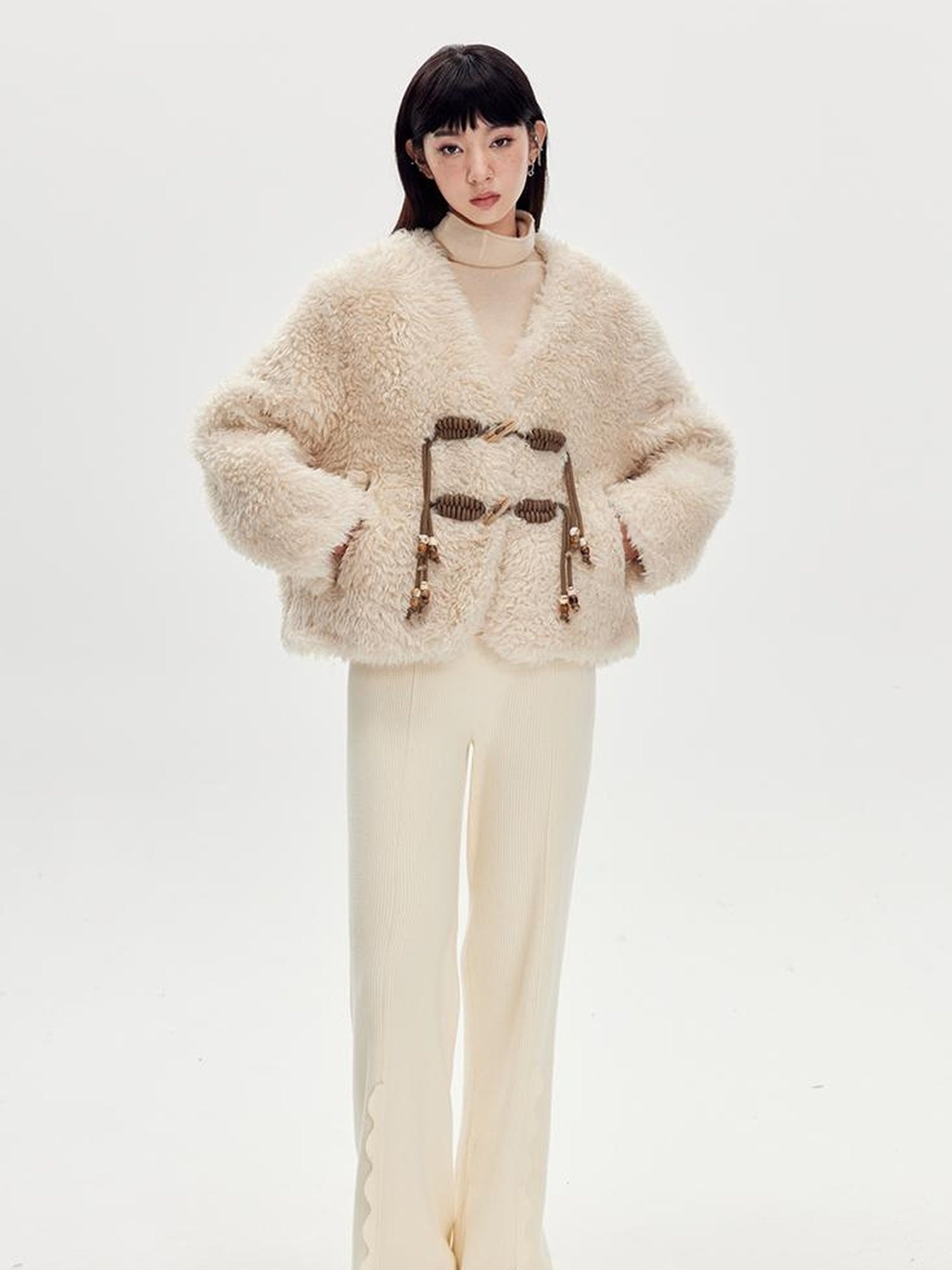 DIDDI MODA V Neck Raglan Sleeve Cute Buckle Wool Coat