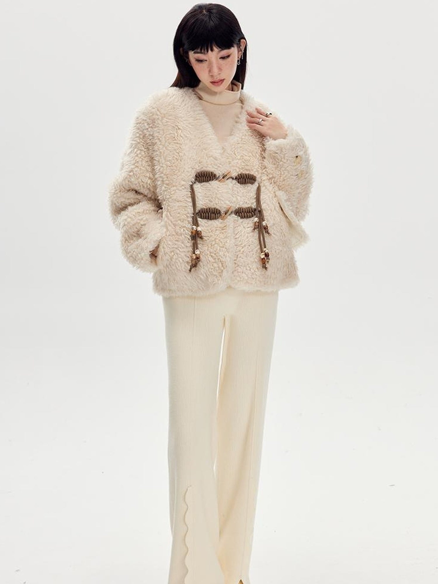 DIDDI MODA V Neck Raglan Sleeve Cute Buckle Wool Coat