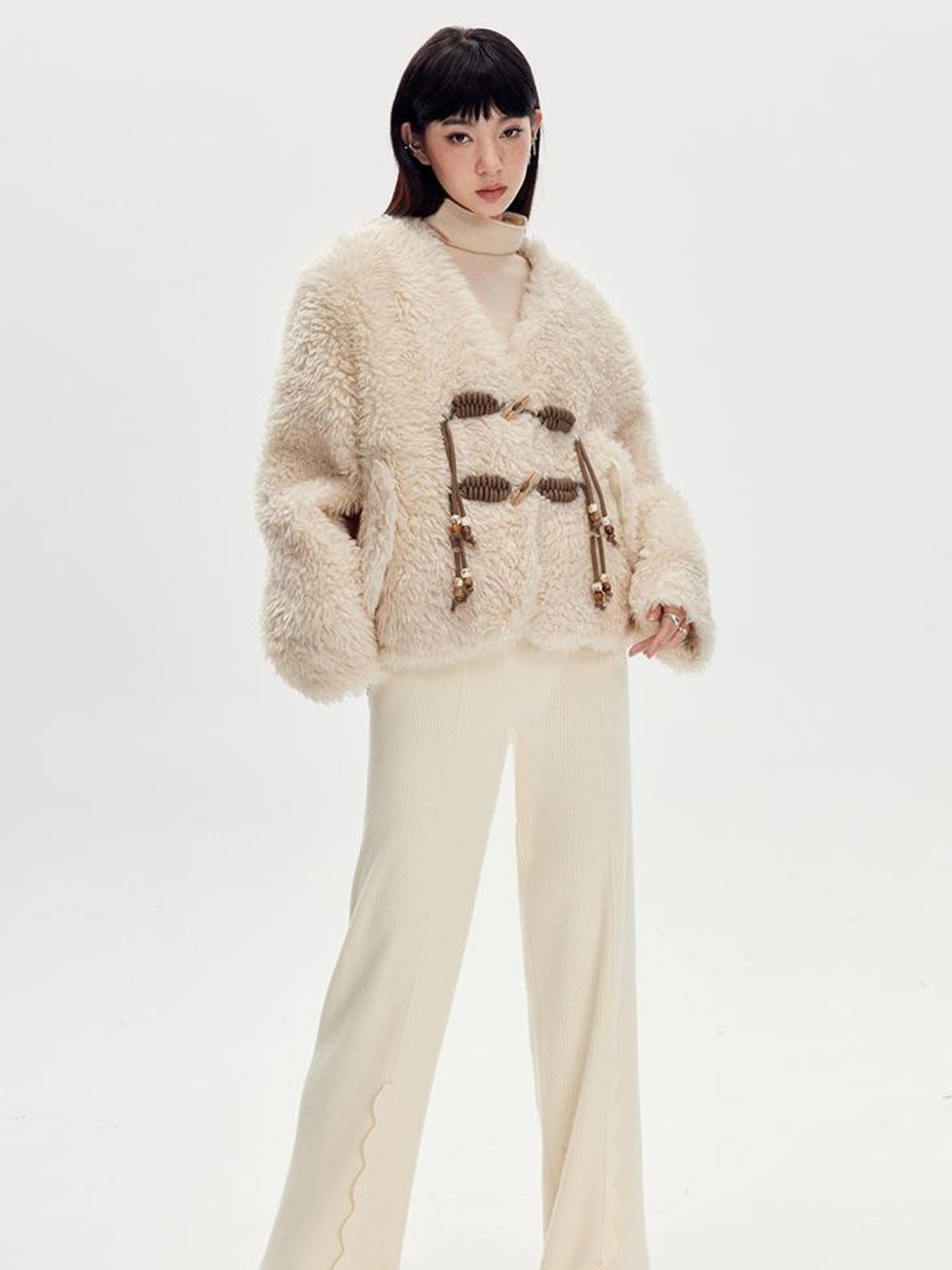 DIDDI MODA V Neck Raglan Sleeve Cute Buckle Wool Coat