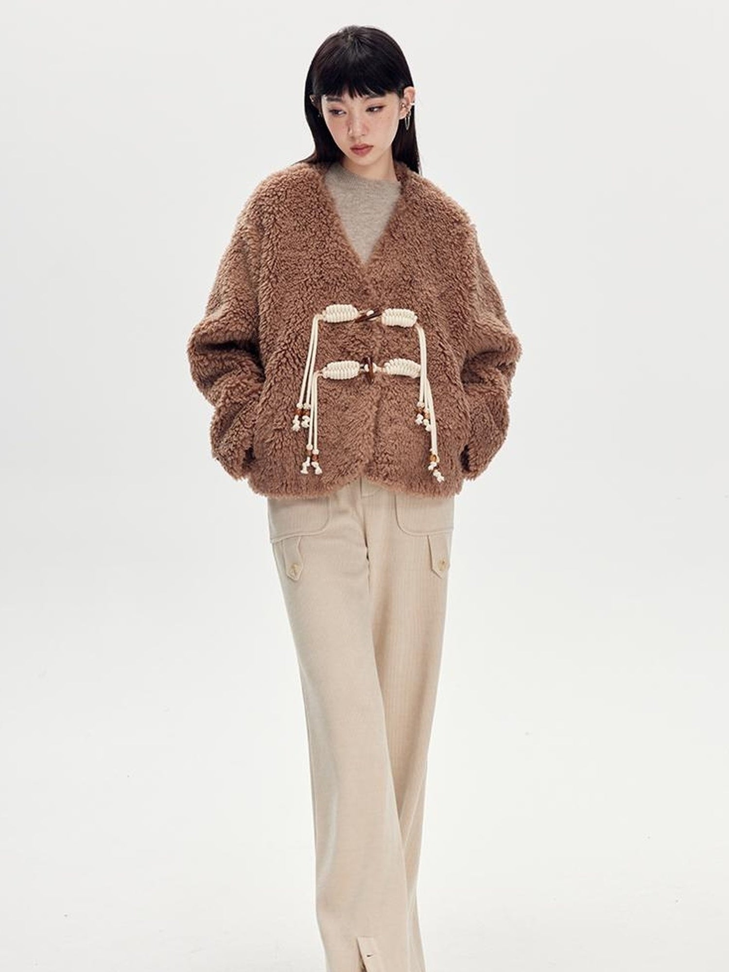 DIDDI MODA V Neck Raglan Sleeve Cute Buckle Wool Coat