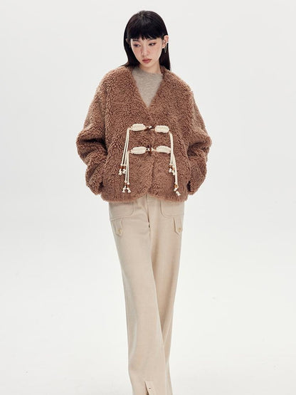 DIDDI MODA V Neck Raglan Sleeve Cute Buckle Wool Coat