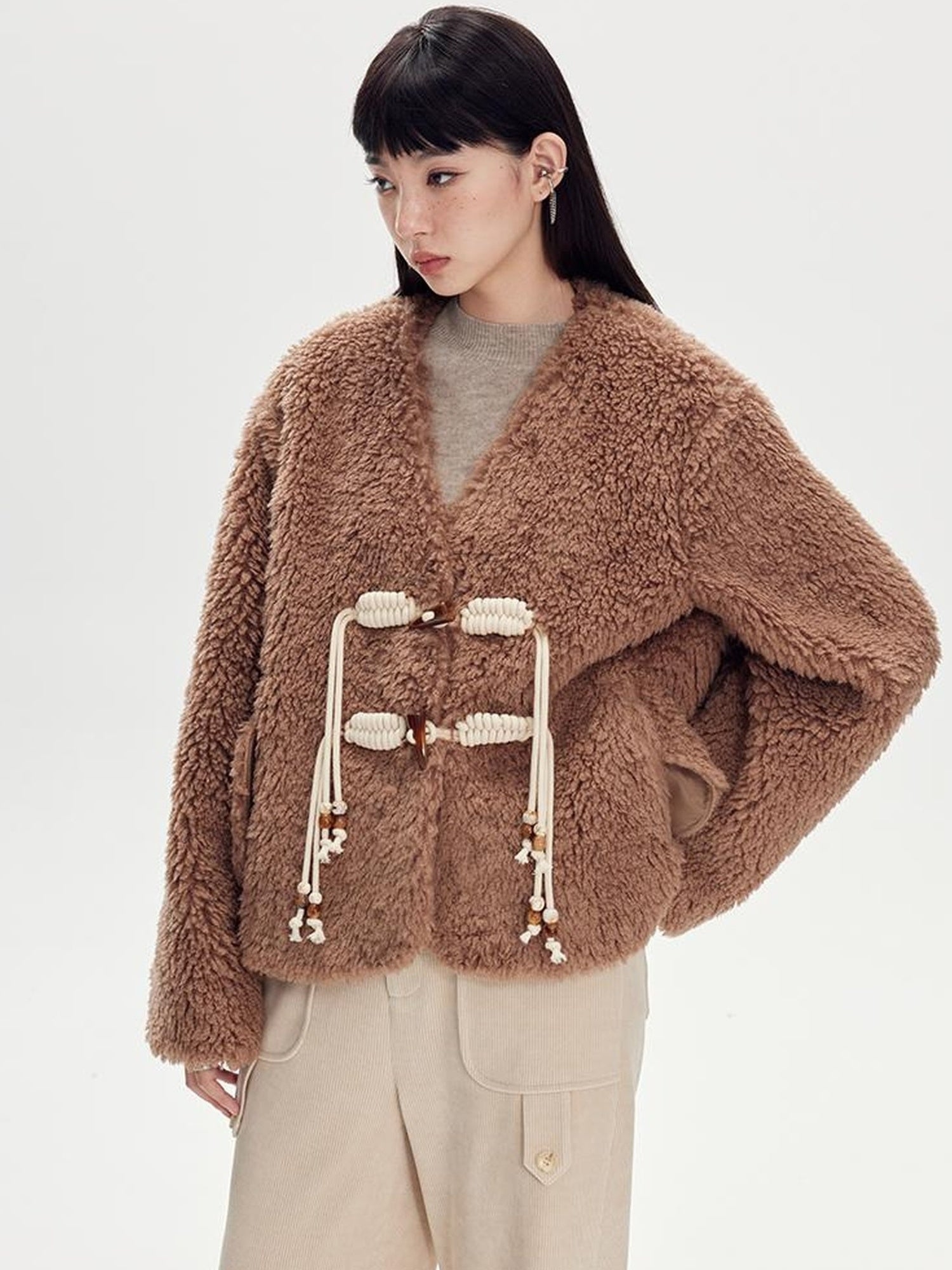DIDDI MODA V Neck Raglan Sleeve Cute Buckle Wool Coat