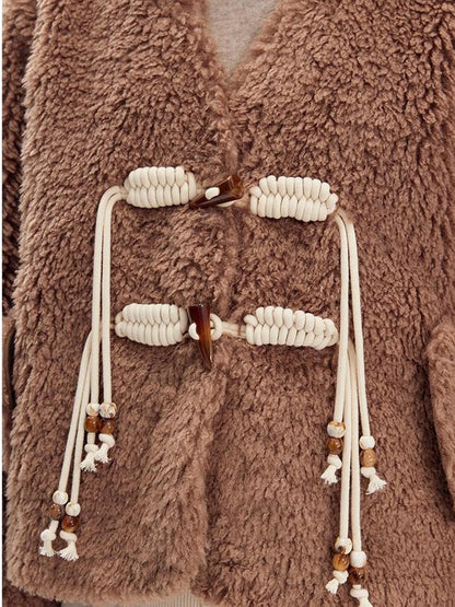 V Neck Raglan Sleeve Cute Buckle Wool Coat