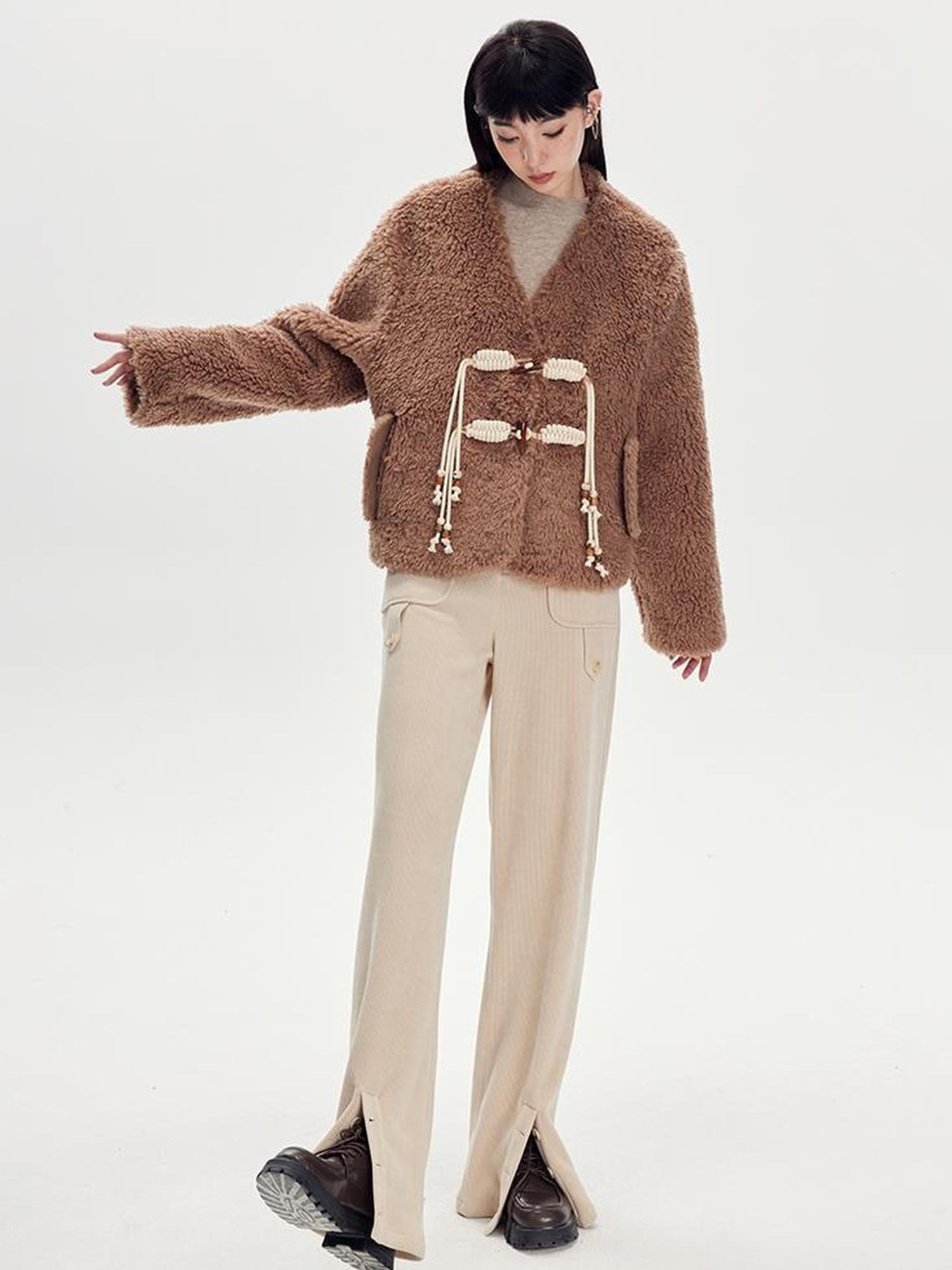 DIDDI MODA V Neck Raglan Sleeve Cute Buckle Wool Coat