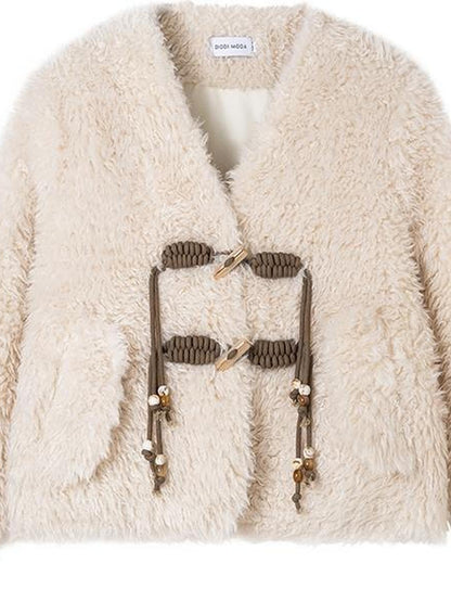 DIDDI MODA V Neck Raglan Sleeve Cute Buckle Wool Coat