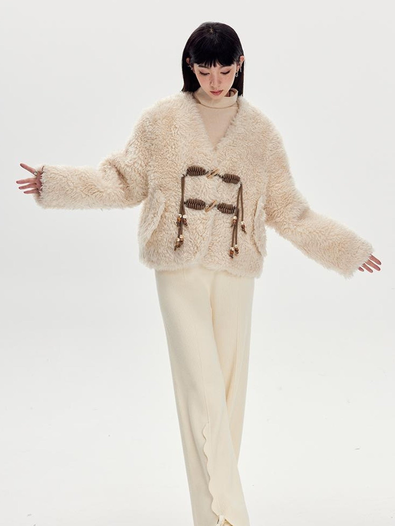 DIDDI MODA V Neck Raglan Sleeve Cute Buckle Wool Coat