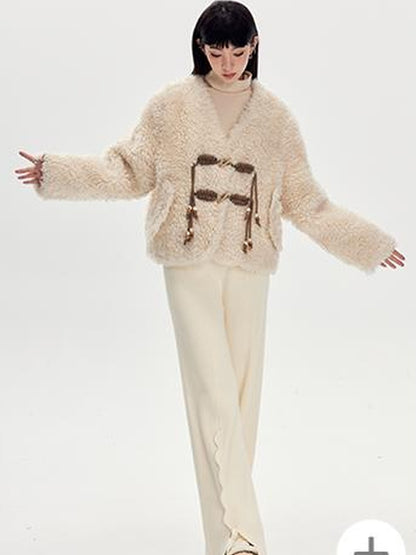 DIDDI MODA V Neck Raglan Sleeve Cute Buckle Wool Coat