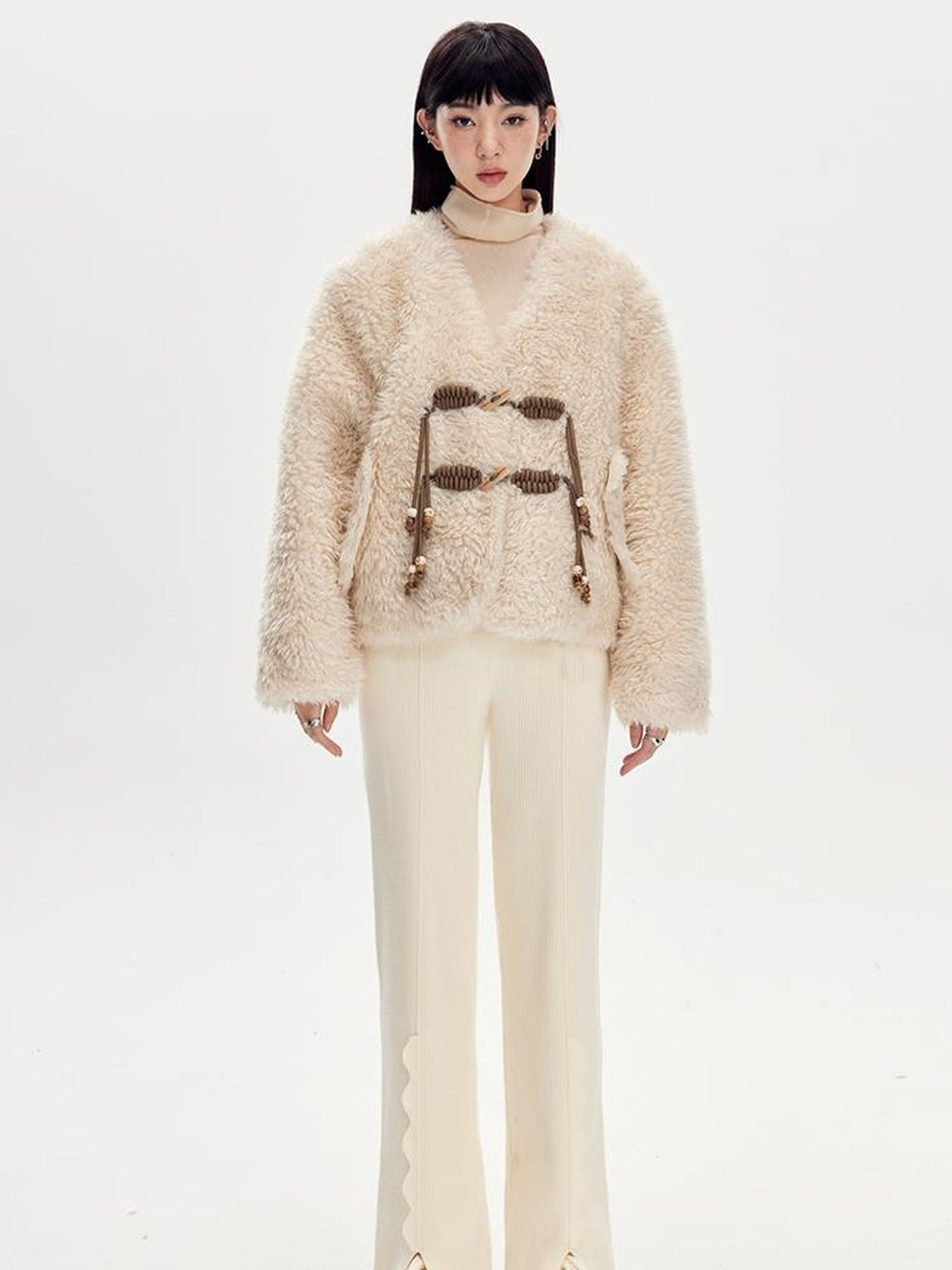 DIDDI MODA V Neck Raglan Sleeve Cute Buckle Wool Coat