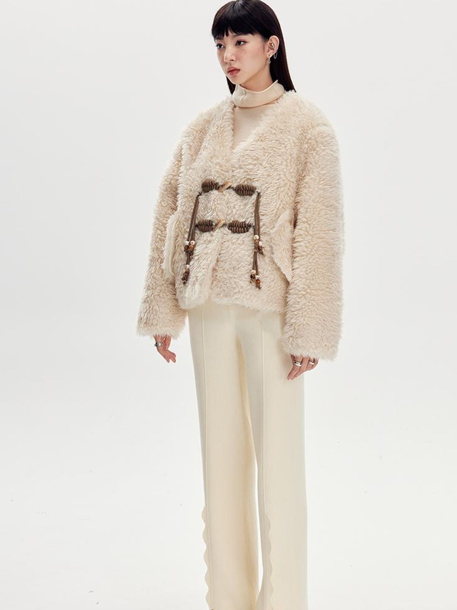 DIDDI MODA V Neck Raglan Sleeve Cute Buckle Wool Coat