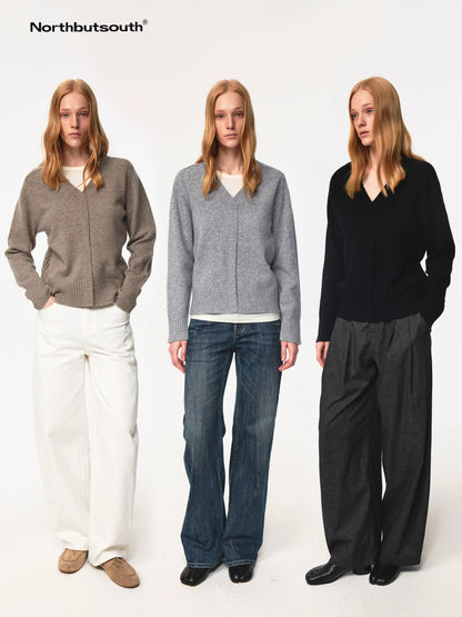 V Neck Straight Cut Merino Wool Sweater With Placket