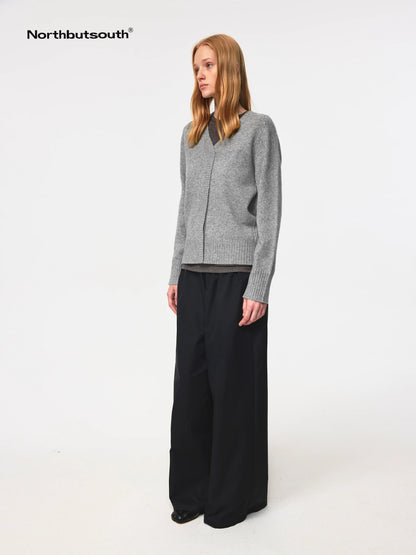 V Neck Straight Cut Merino Wool Sweater With Placket