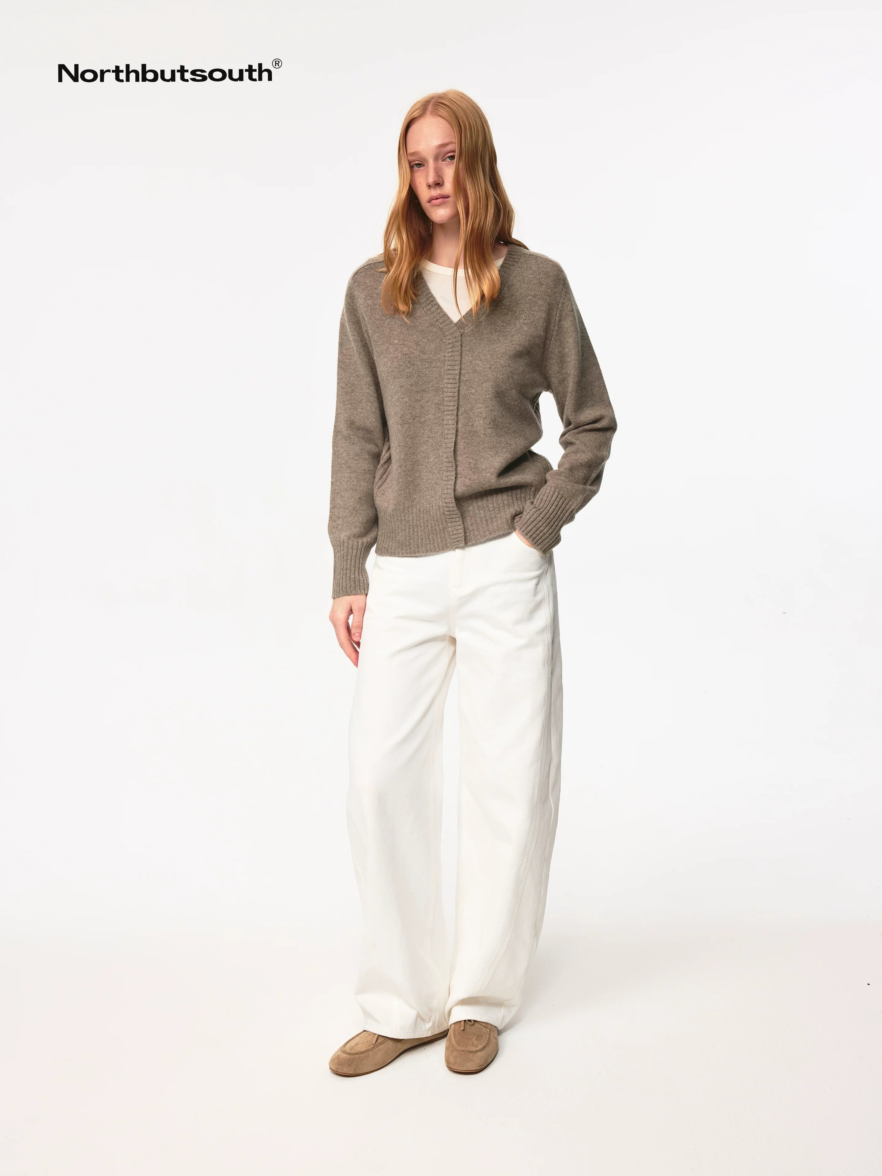 V Neck Straight Cut Merino Wool Sweater With Placket