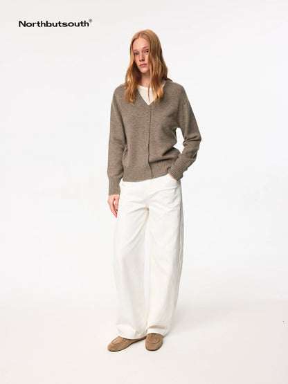 V Neck Straight Cut Merino Wool Sweater With Placket