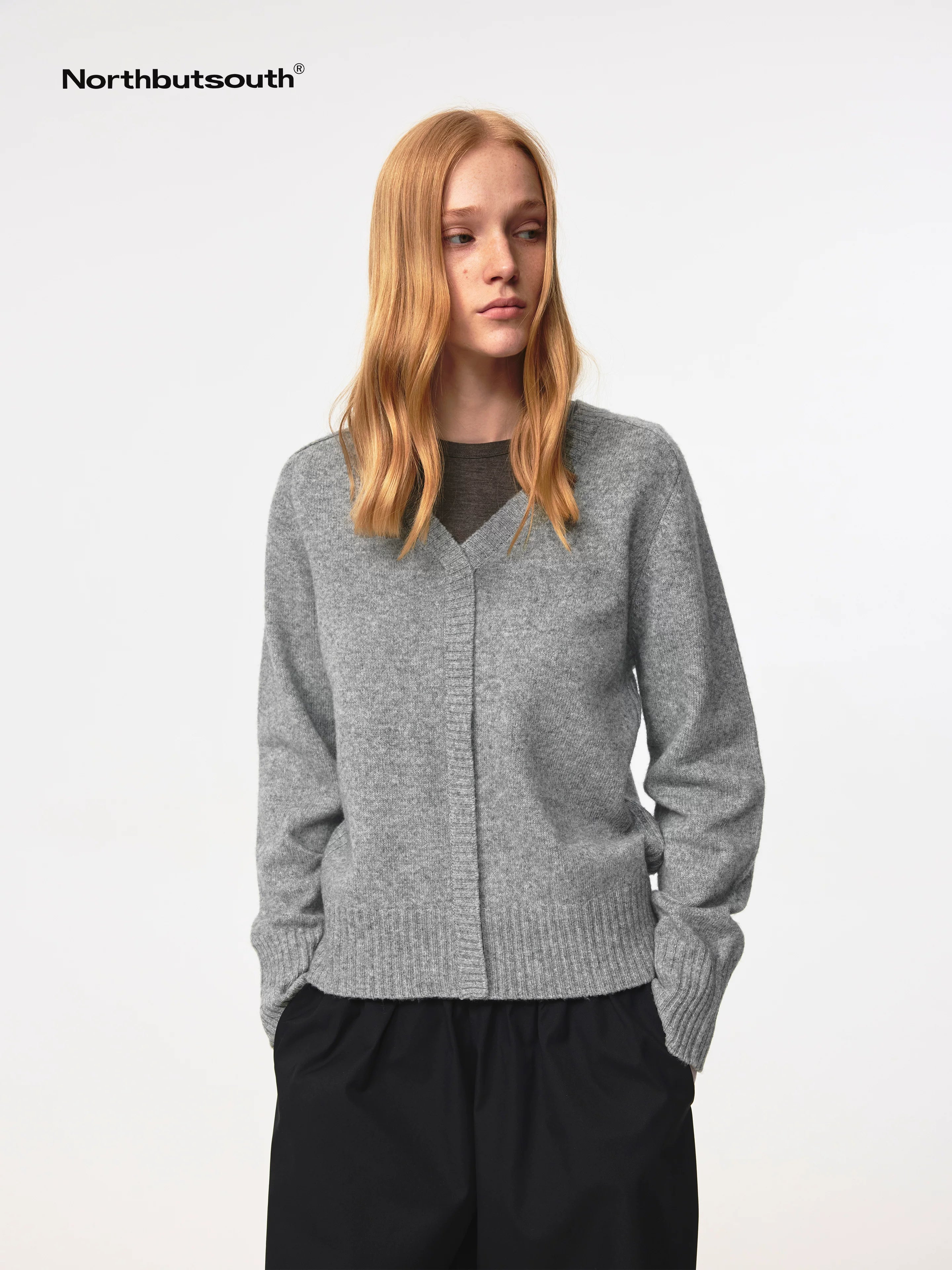 V Neck Straight Cut Merino Wool Sweater With Placket