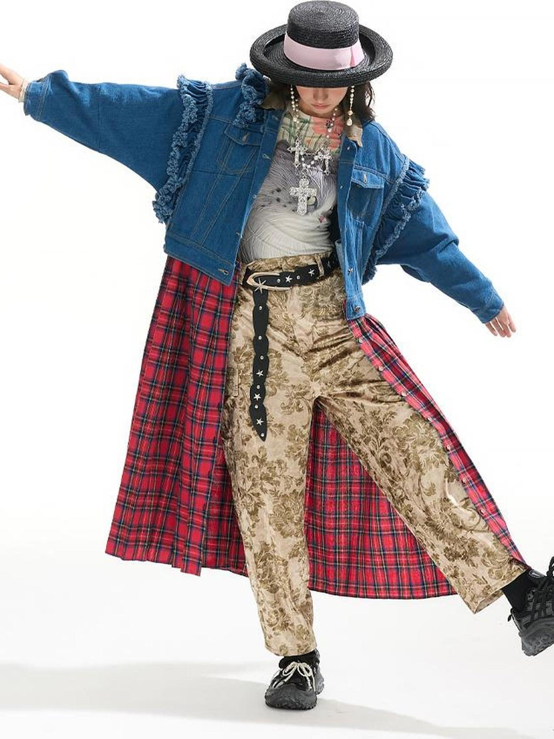 Sweet Mi Vagabond Punk Oversized Plaid Denim Duster Coat