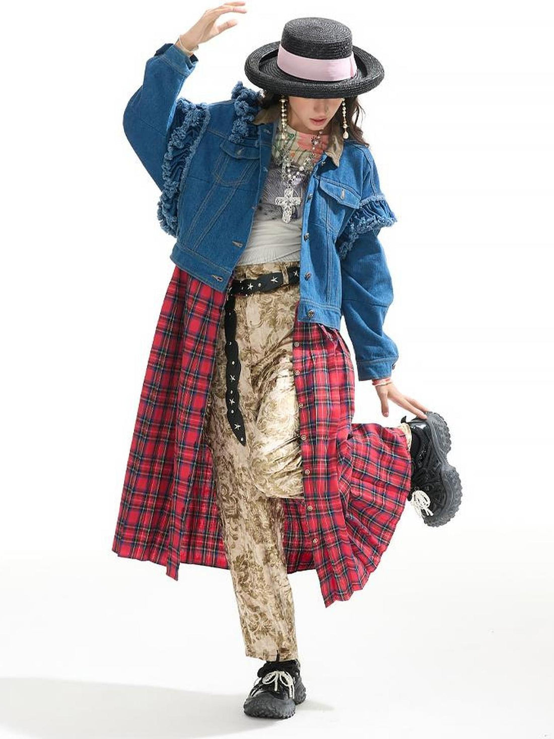 Sweet Mi Vagabond Punk Oversized Plaid Denim Duster Coat