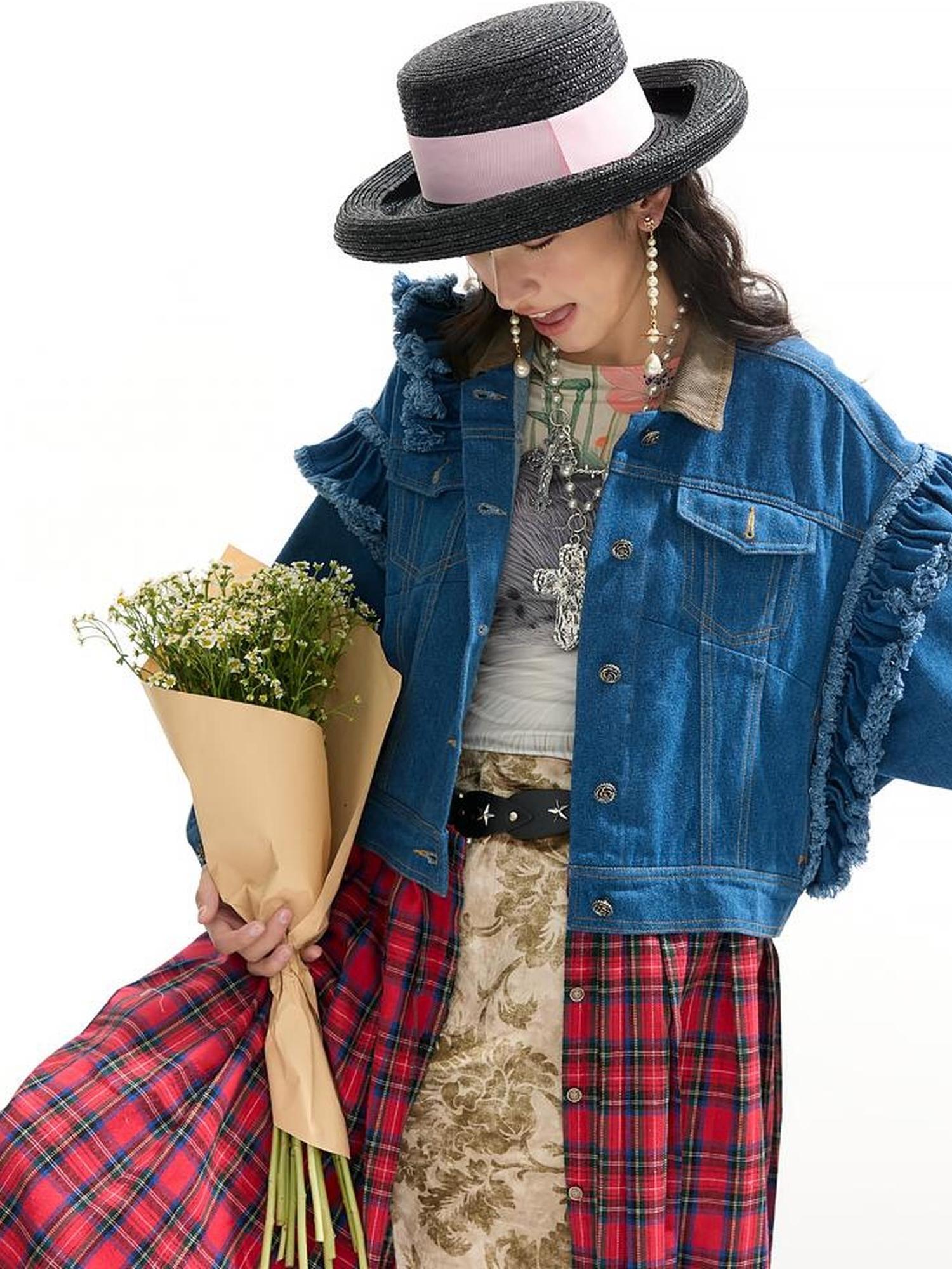 Sweet Mi Vagabond Punk Oversized Plaid Denim Duster Coat