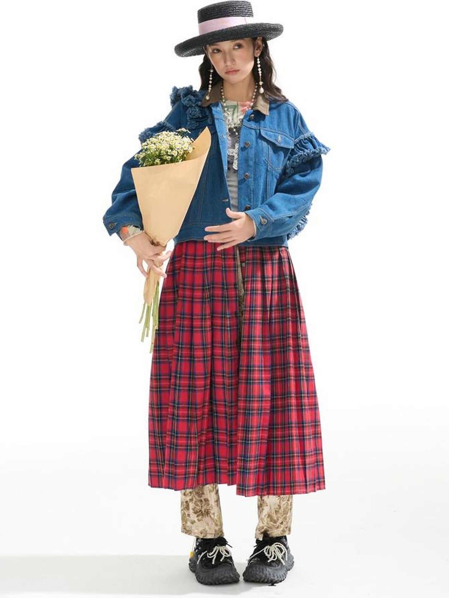 Sweet Mi Vagabond Punk Oversized Plaid Denim Duster Coat