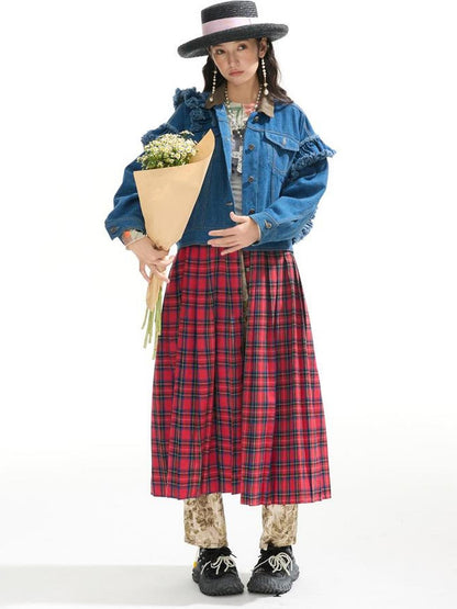 Sweet Mi Vagabond Punk Oversized Plaid Denim Duster Coat