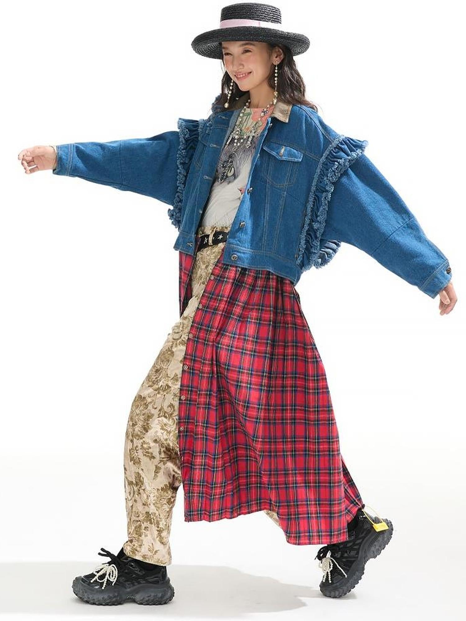 Sweet Mi Vagabond Punk Oversized Plaid Denim Duster Coat