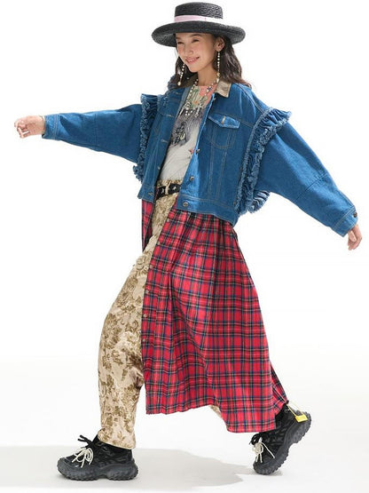 Sweet Mi Vagabond Punk Oversized Plaid Denim Duster Coat
