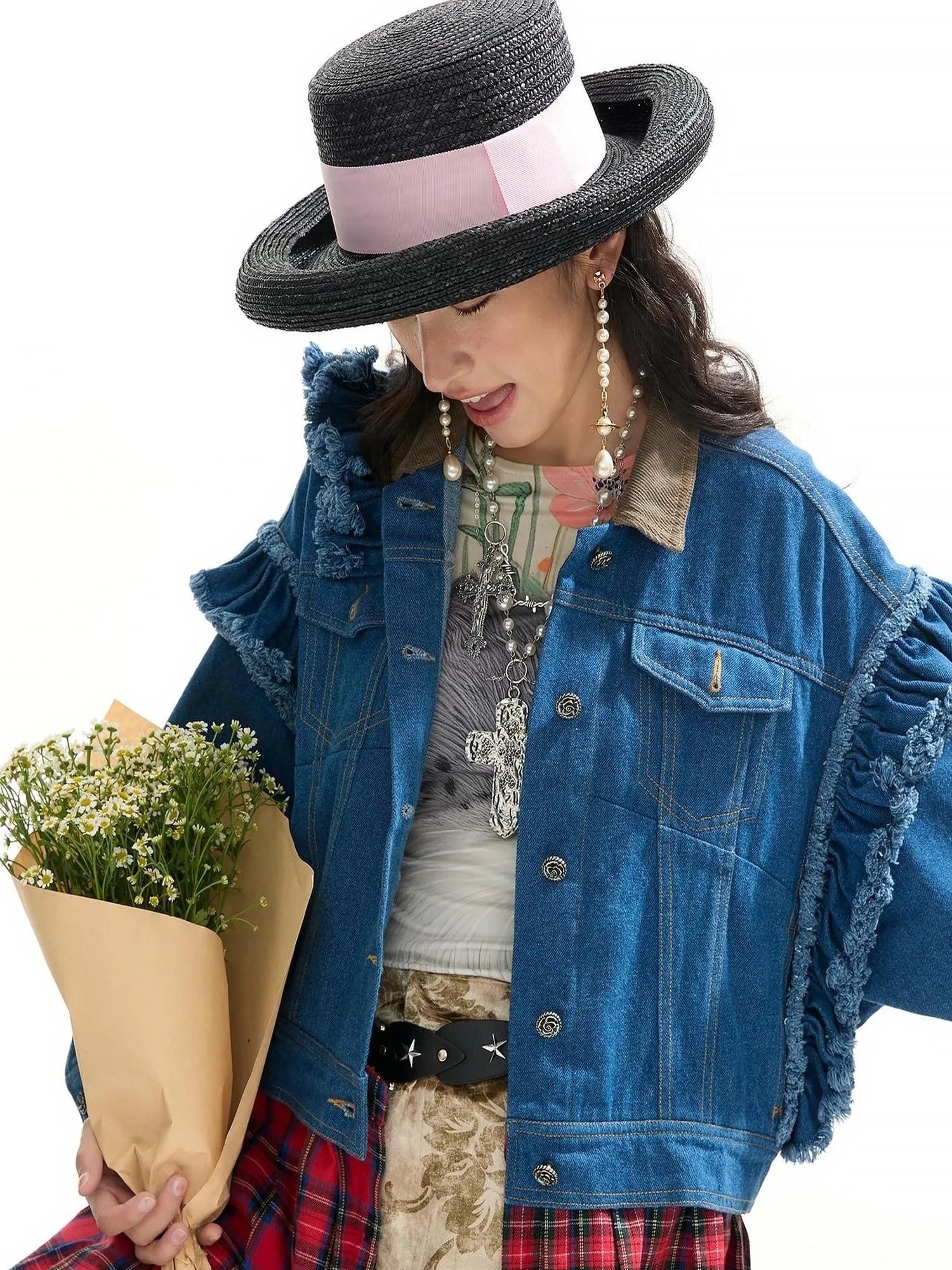 Vagabond Punk Oversized Plaid Denim Duster Coat