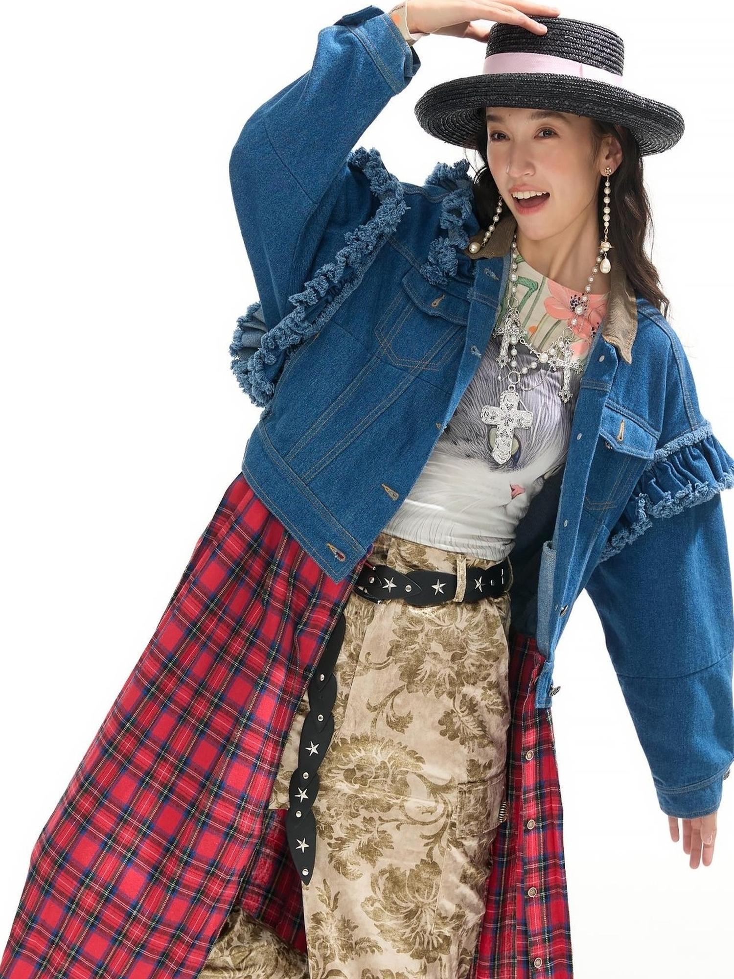 Sweet Mi Vagabond Punk Oversized Plaid Denim Duster Coat