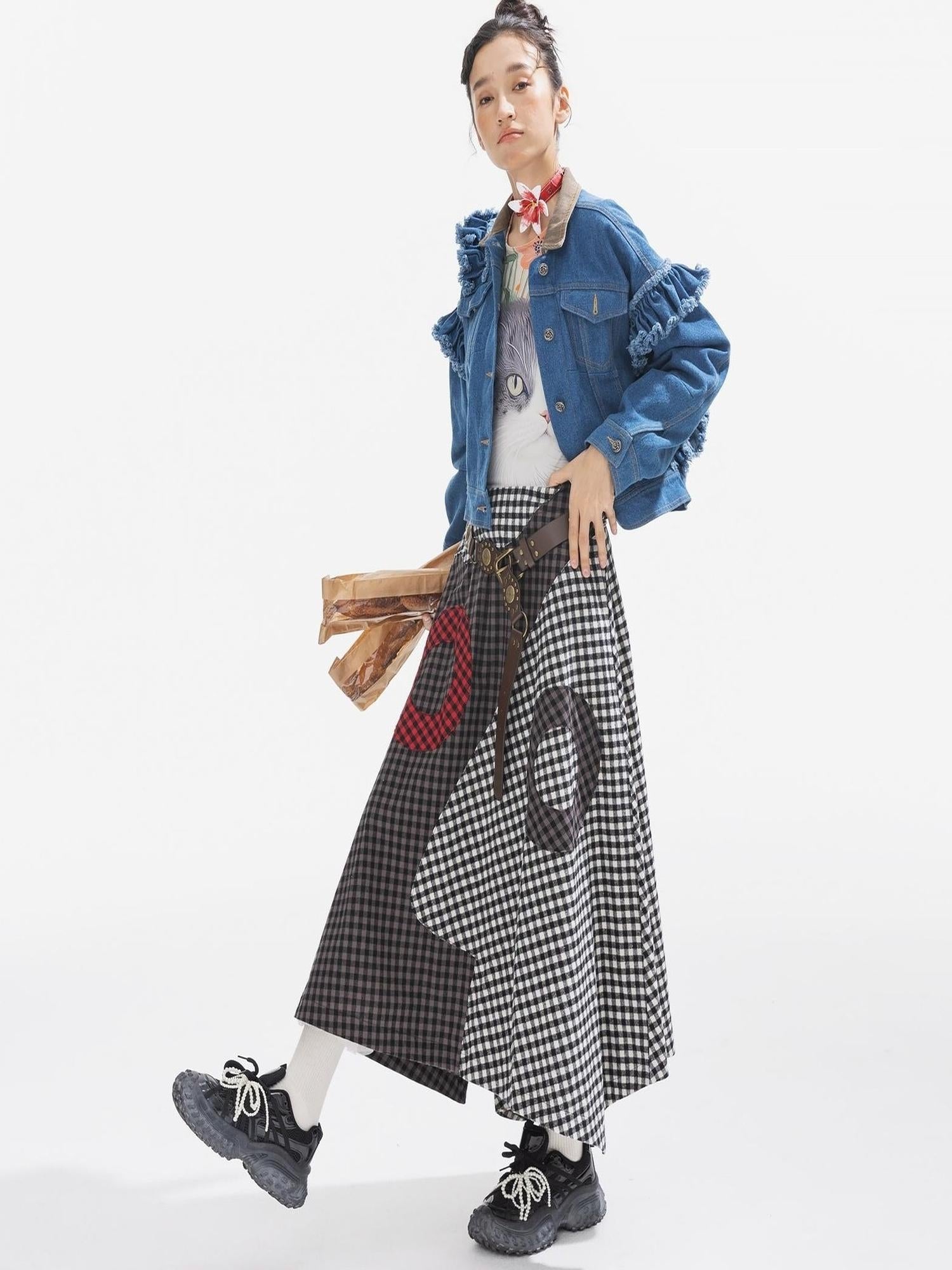 Sweet Mi Vagabond Punk Oversized Plaid Denim Duster Coat
