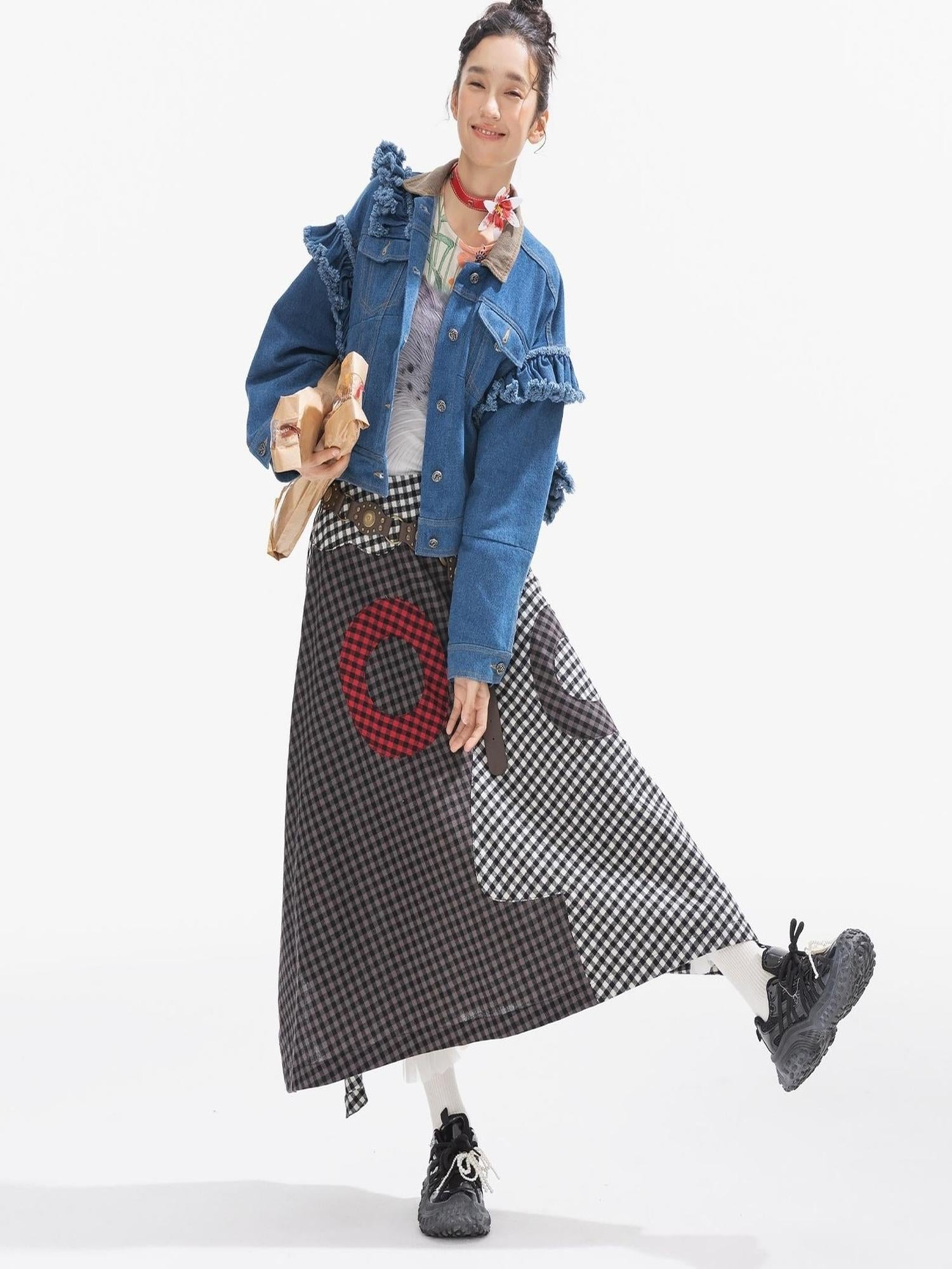 Sweet Mi Vagabond Punk Oversized Plaid Denim Duster Coat