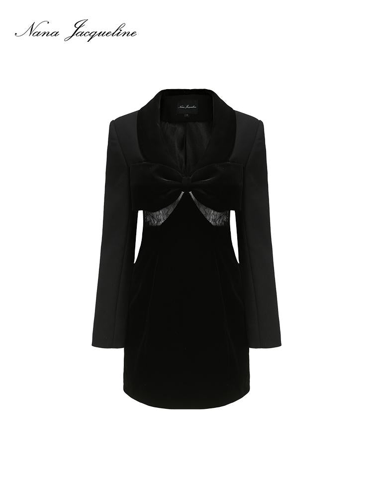 Velvet Blazer Dress Lace Bow Trim Old Money Style Dresses
