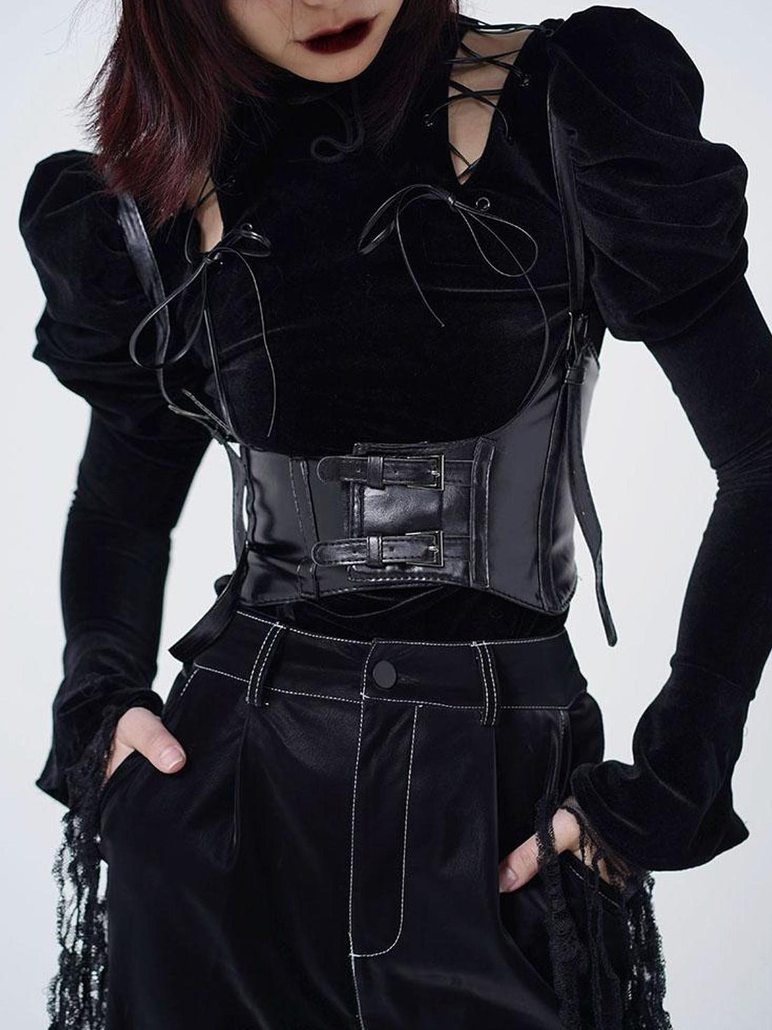 WSW WUSHENWU Velvet Noir Puff Sleeve Corset Top