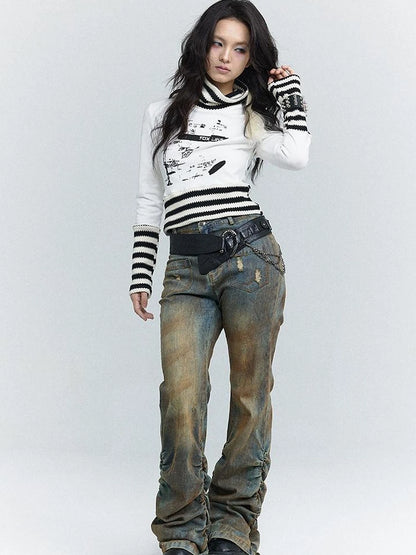 Velvet Trimmed Leopard Print High Neck T Shirt