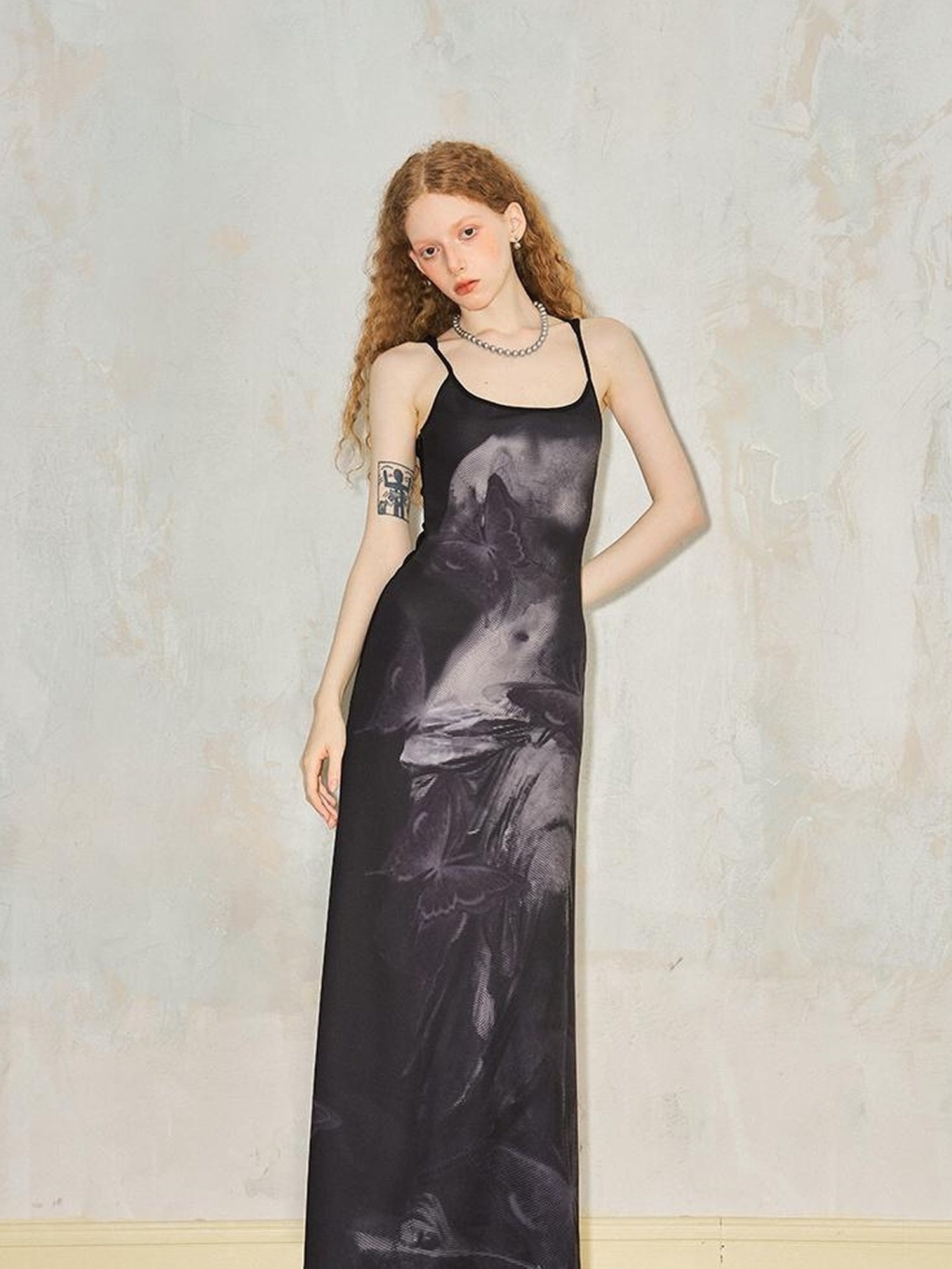 DIDDI MODA Venus Butterfly Print Slim Knit Strap Summer Dress