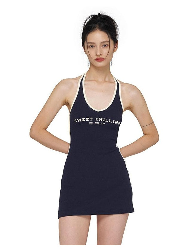 Vintage American Sporty Halter Bodycon Dress for Women