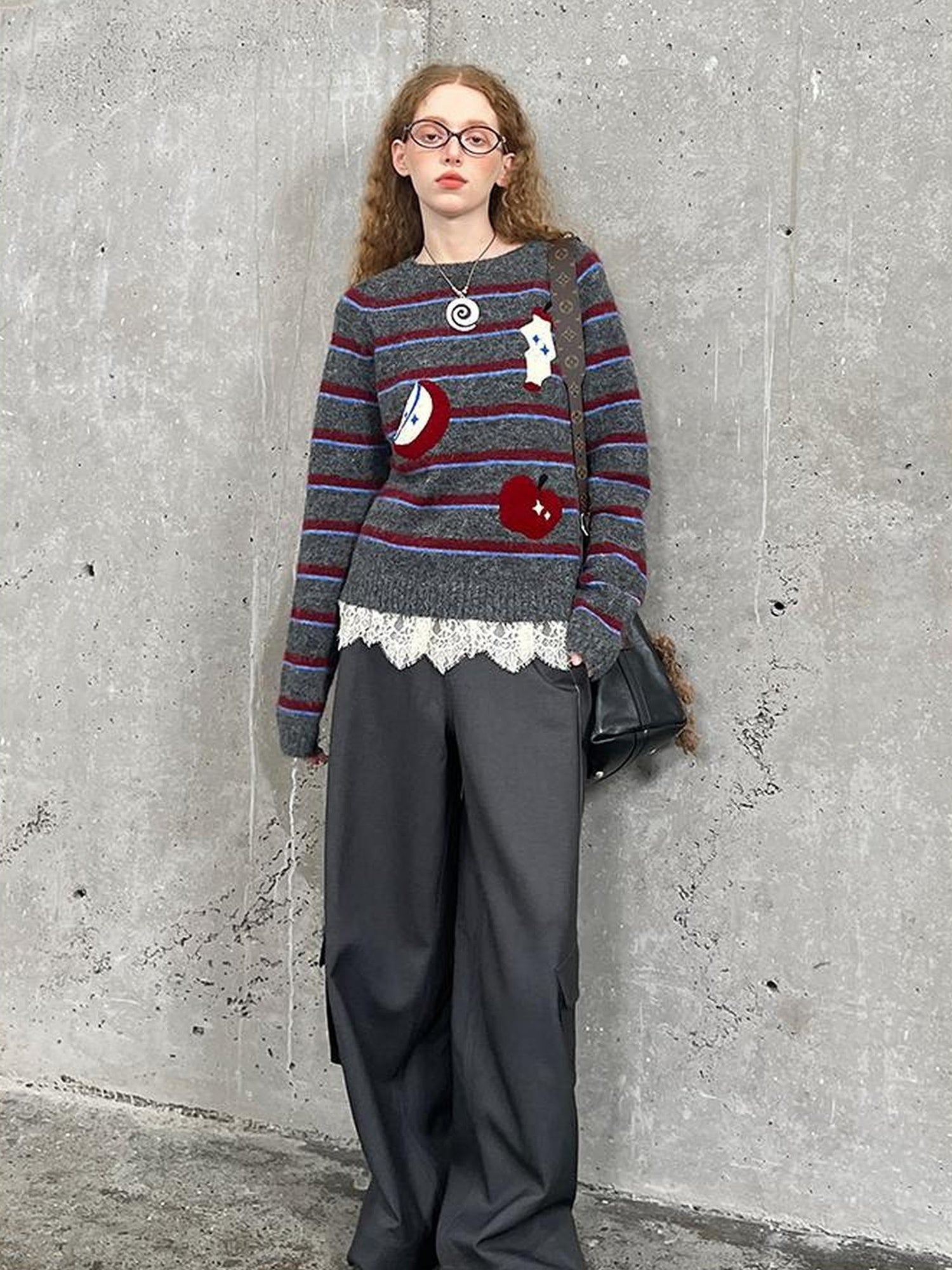 DIDDI MODA Vintage Apple Embroidered Striped Mohair Sweater