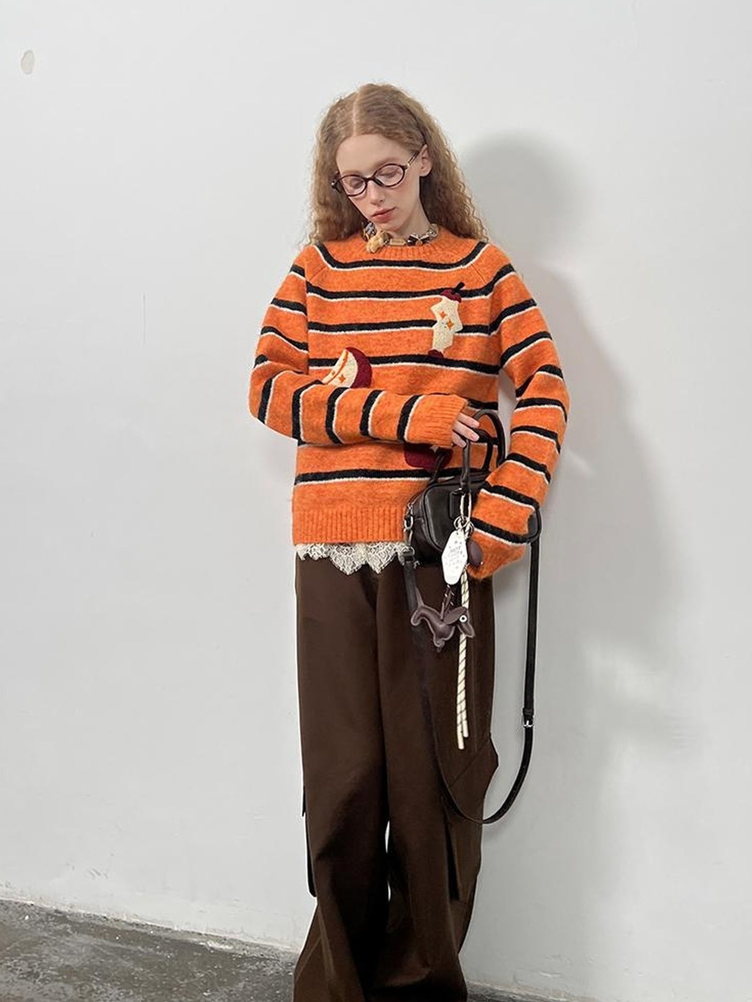 DIDDI MODA Vintage Apple Embroidered Striped Mohair Sweater