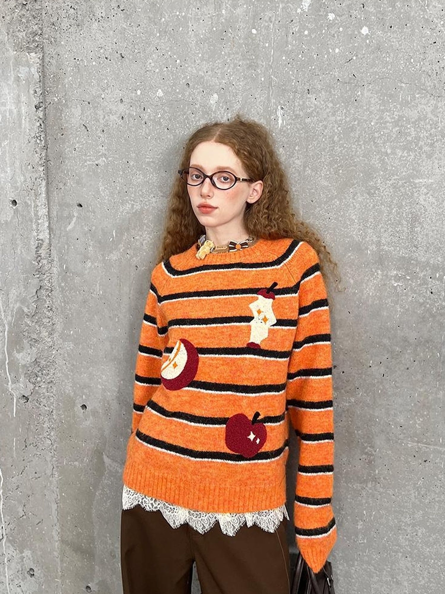 DIDDI MODA Vintage Apple Embroidered Striped Mohair Sweater