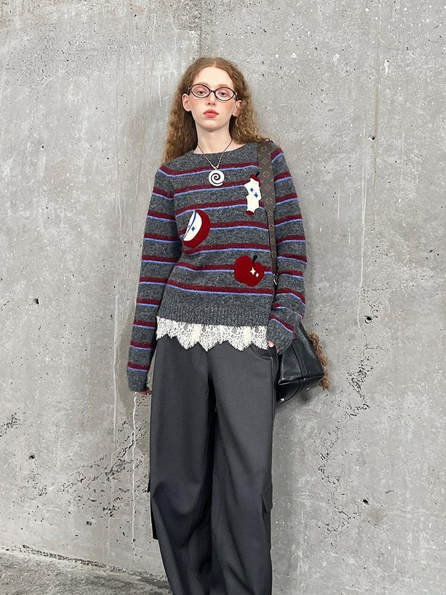 DIDDI MODA Vintage Apple Embroidered Striped Mohair Sweater