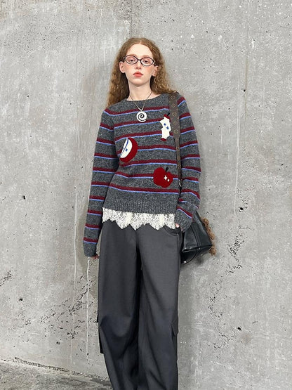 DIDDI MODA Vintage Apple Embroidered Striped Mohair Sweater