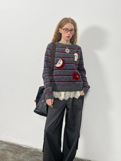 DIDDI MODA Vintage Apple Embroidered Striped Mohair Sweater