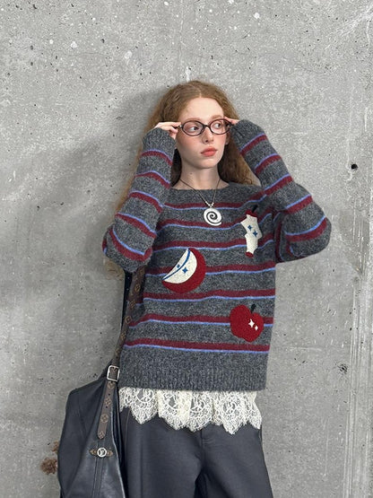 DIDDI MODA Vintage Apple Embroidered Striped Mohair Sweater
