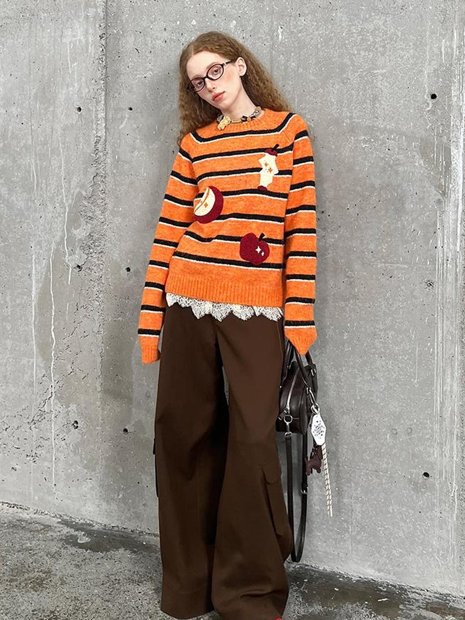 DIDDI MODA Vintage Apple Embroidered Striped Mohair Sweater