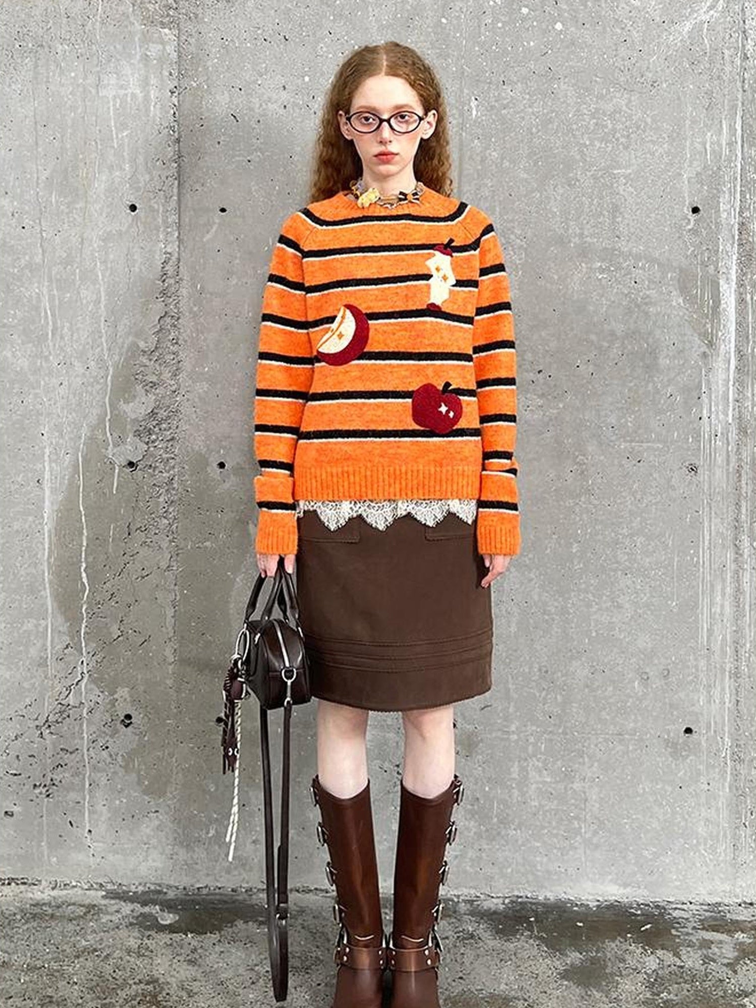 DIDDI MODA Vintage Apple Embroidered Striped Mohair Sweater
