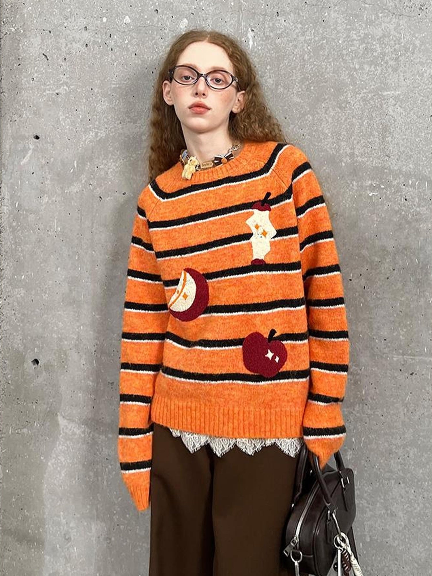 DIDDI MODA Vintage Apple Embroidered Striped Mohair Sweater